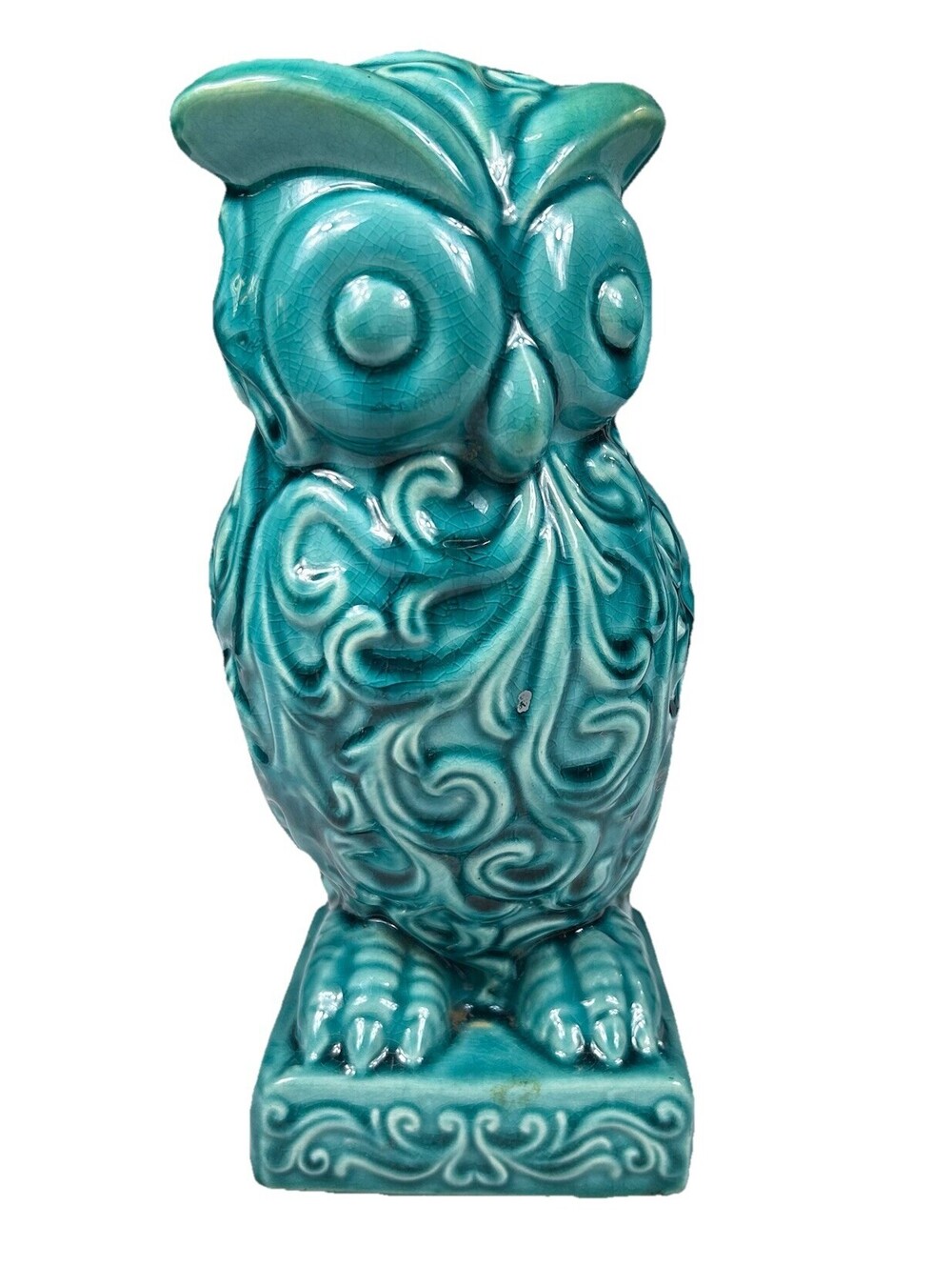 Vintage Ceramic Owl Turquoise Green Glaze Distressed Art Pottery Figurine 11"